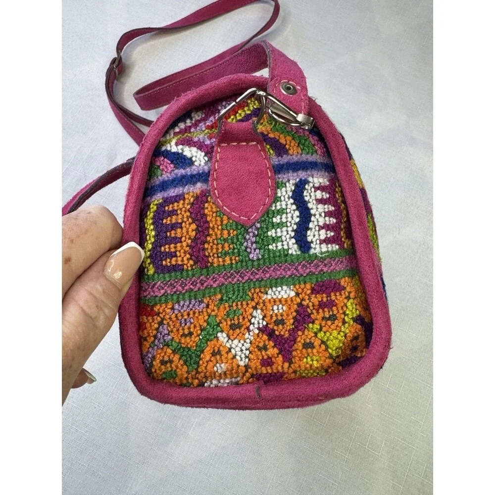 Meda Guatemala Huipil Embroidered Handbag Crossbody Purse Suede Leather Boho - Picture 6 of 14